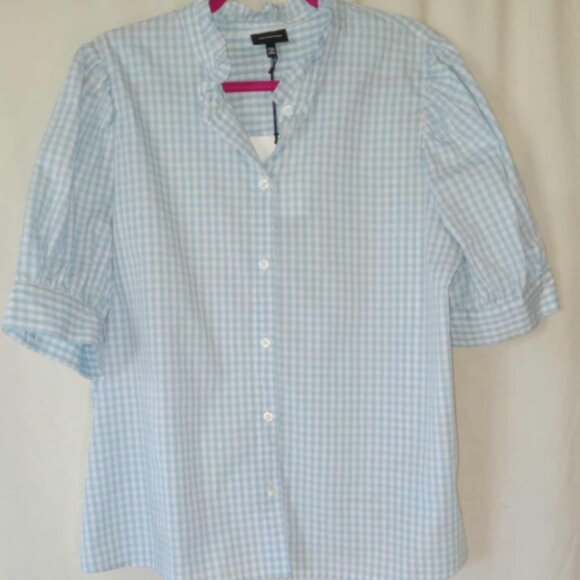 Who What Wear Blue White Gingham Checkered Ruffles Short Sleeve Blouse NWT XXL - Picture 2 of 4